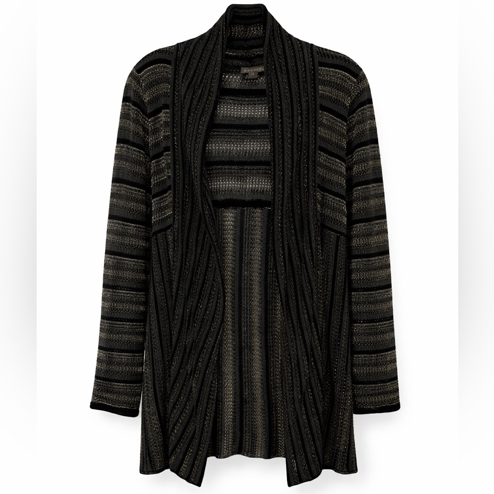 ⸻

SPANNER Black Gray Striped Cardigan Gold Thread Open Front Medium